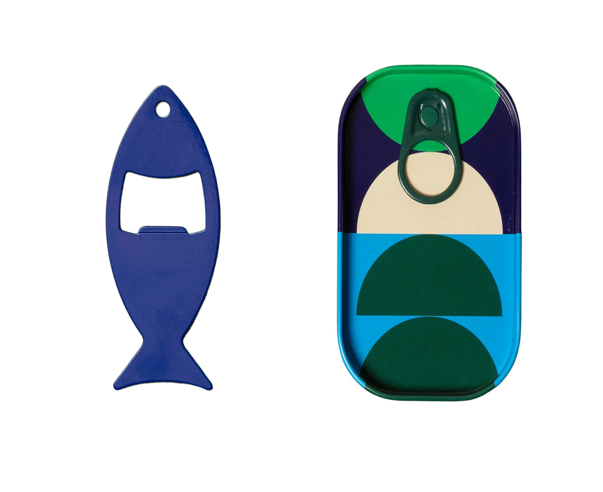 A blue fish-shaped bottle opener shown next to a can-shaped pull-tab opener with a geometric pattern of green, blue, beige, and dark purple on a white background.
