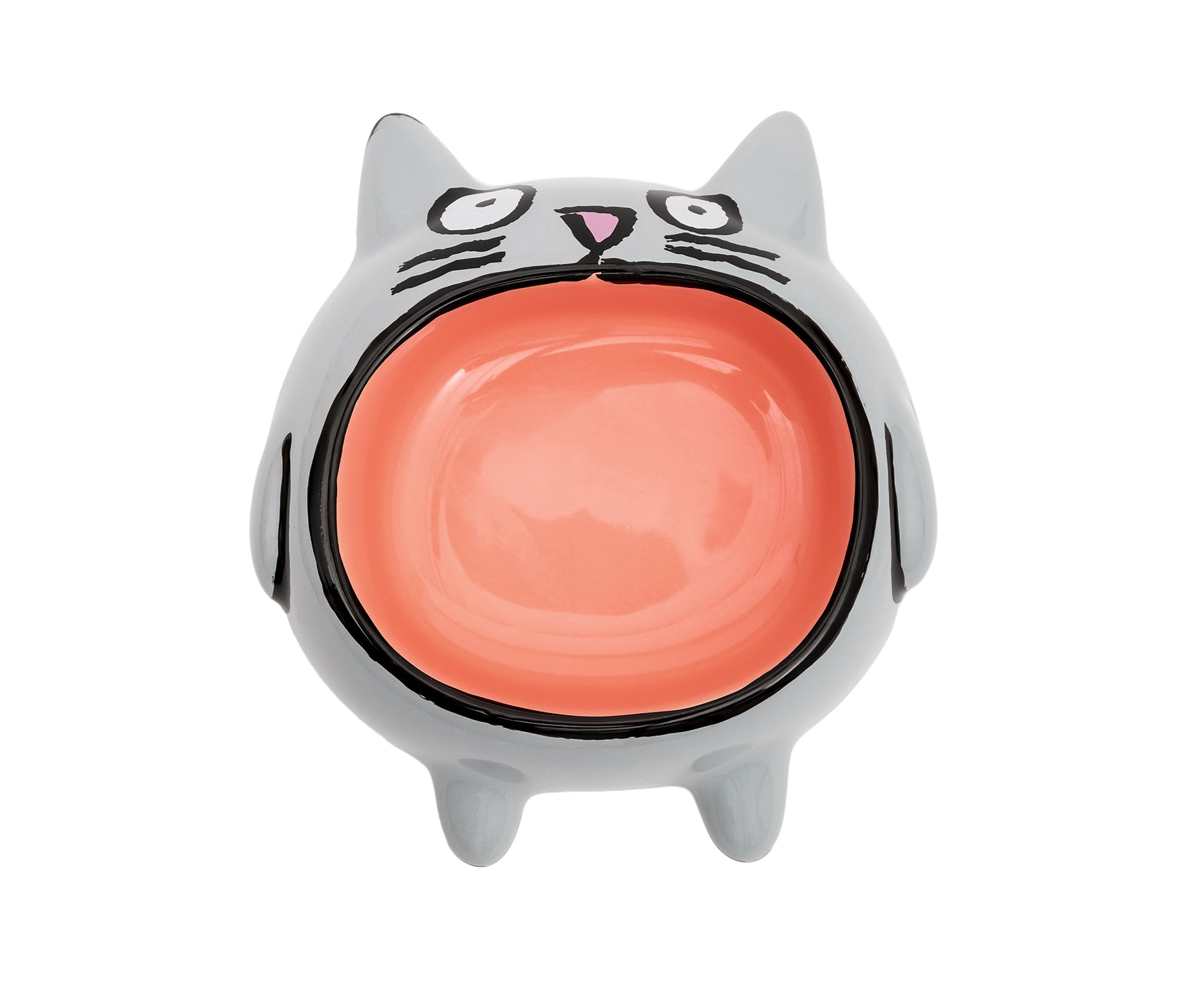 A ceramic cat-shaped bowl with a glossy white body, black facial details, and a large peach interior.