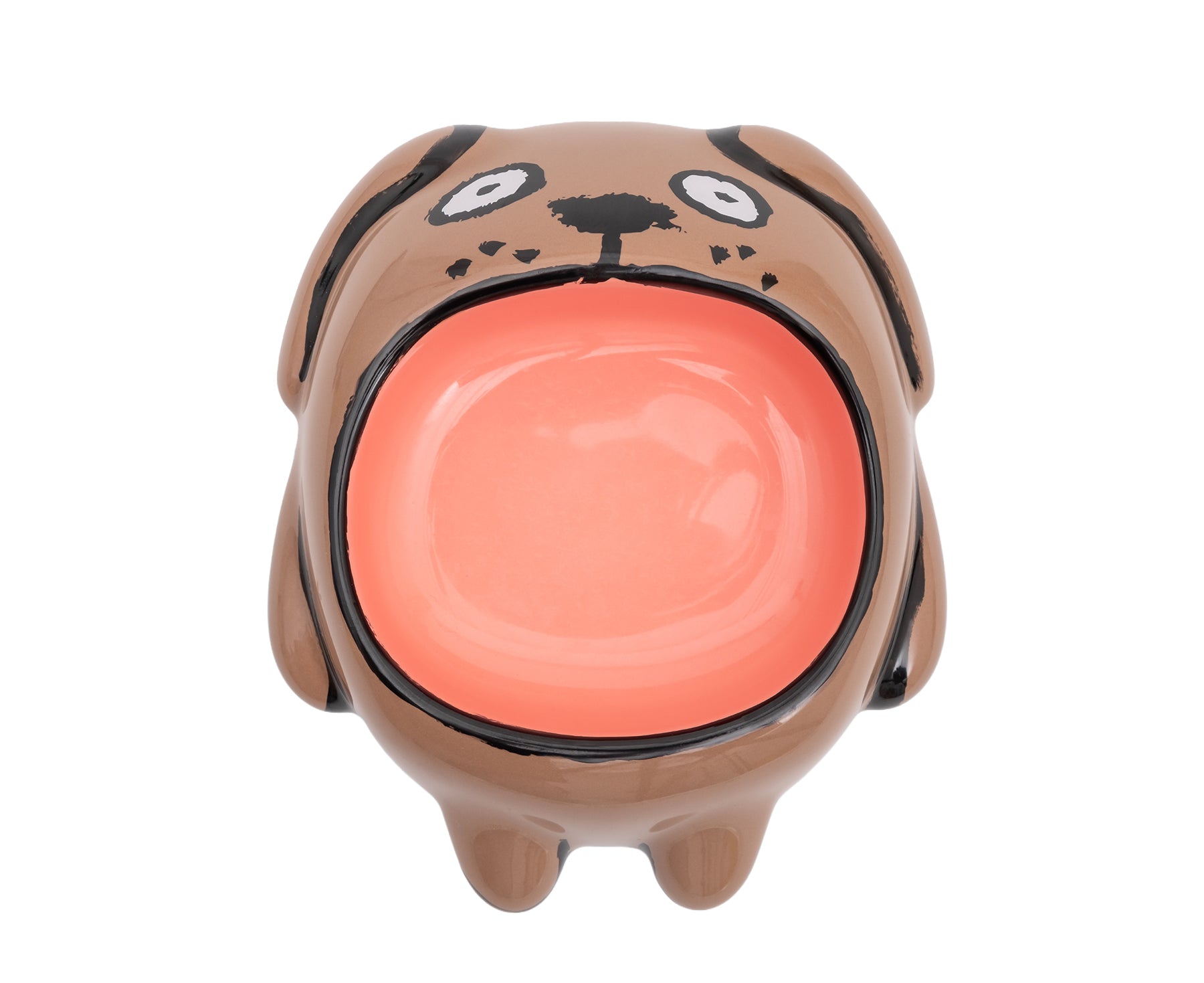 A ceramic Dog Bowl by Home Studyo with a brown body, black hand-drawn facial features, and a large glossy peach opening.