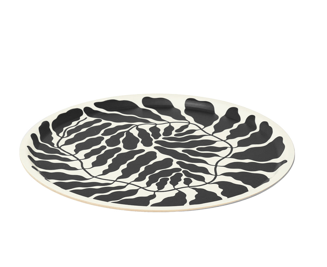 Leaves Round Tray in Black by Wrap