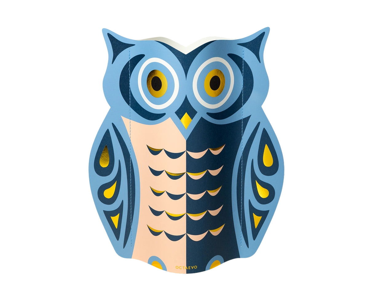 A paper vase featuring an owl design in blue, peach and gold by Octaevo.