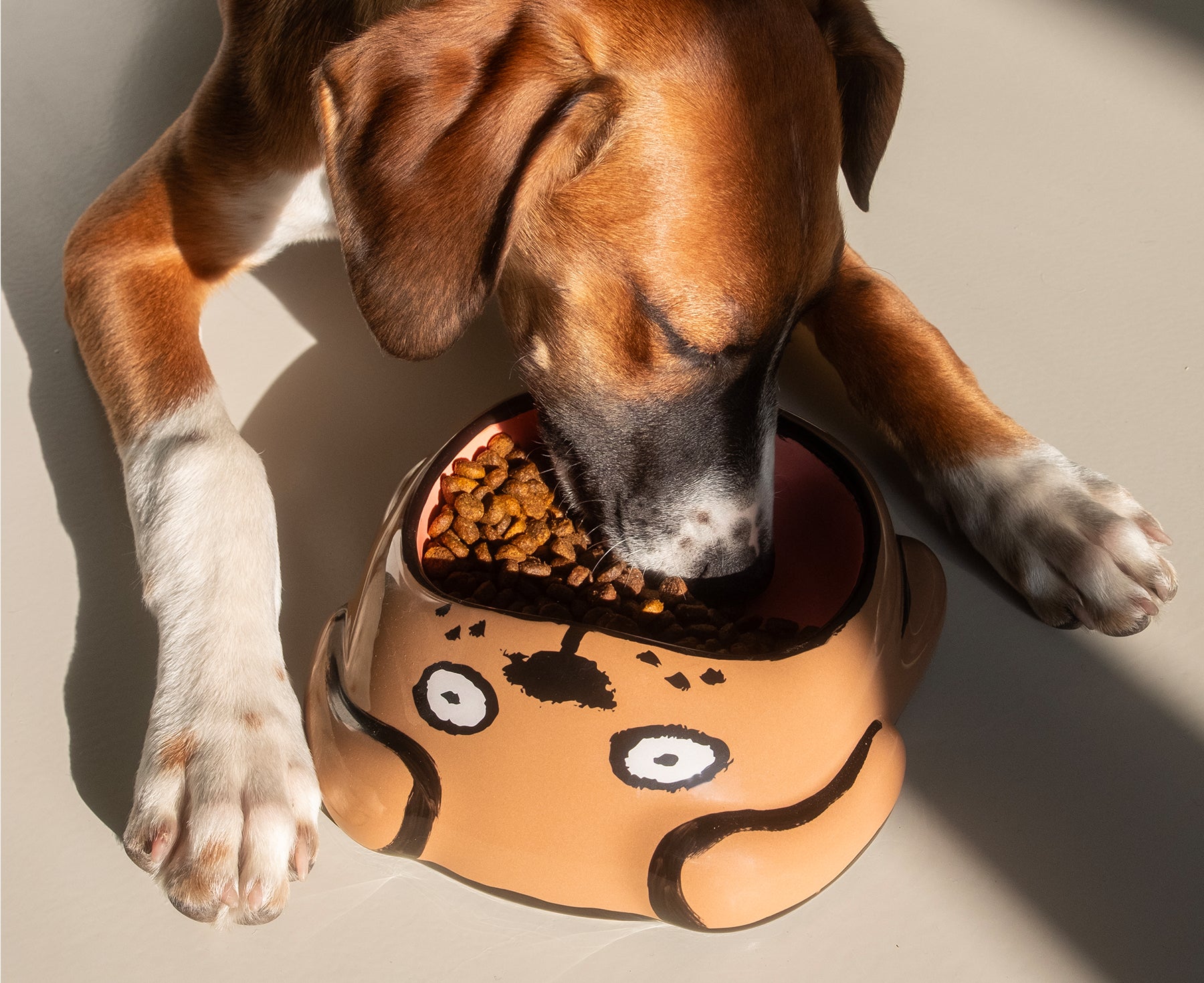 A ceramic Dog Bowl by Home Studyo with a large dog eating.