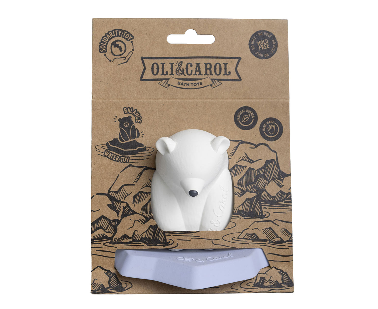 White polar bear chewable toy with Oli &amp; Carol branding in packaging.