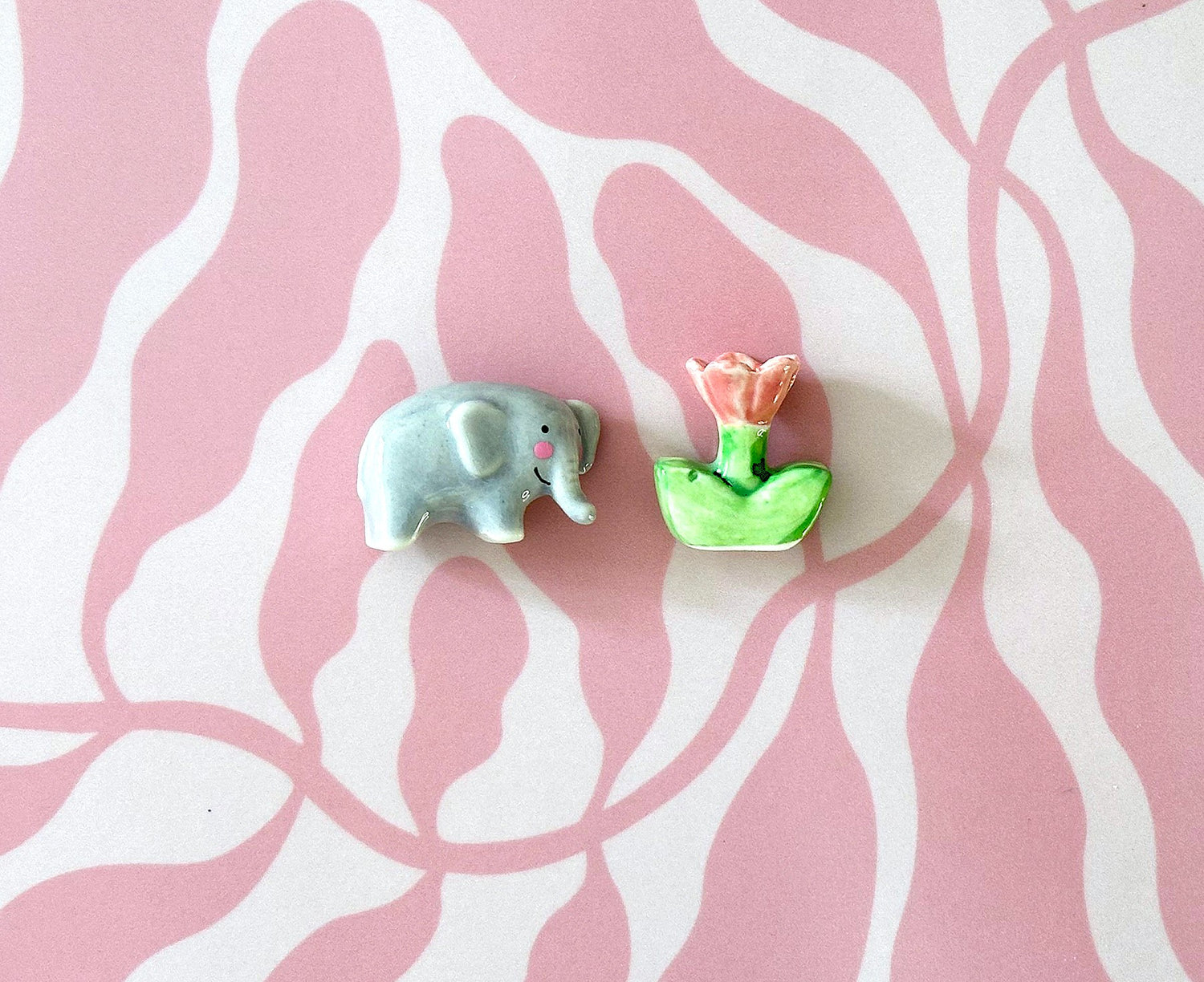 Tiny Ceramic Matchbox Token - Elephant and Flower - by Lisa Angel