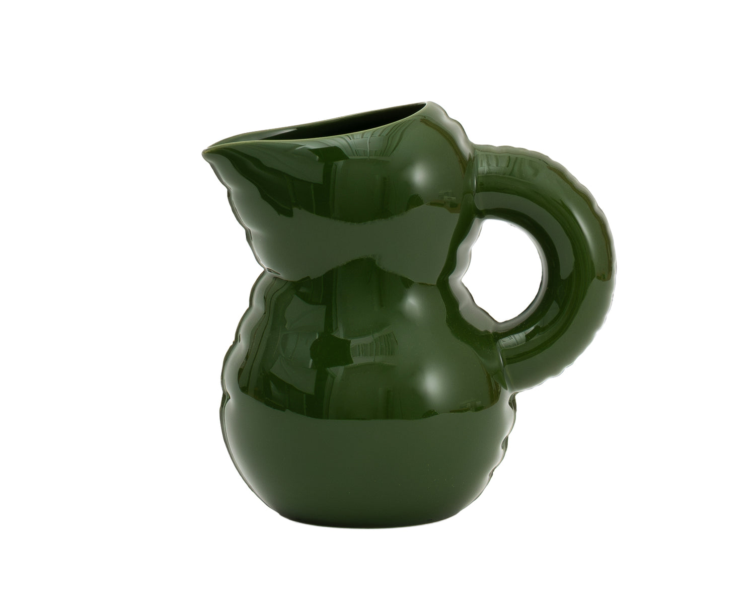 Emily Blow Up ceramic Jug in Moss Green by Home Studyo with a rounded body, ribbed texture, and a curved handle.