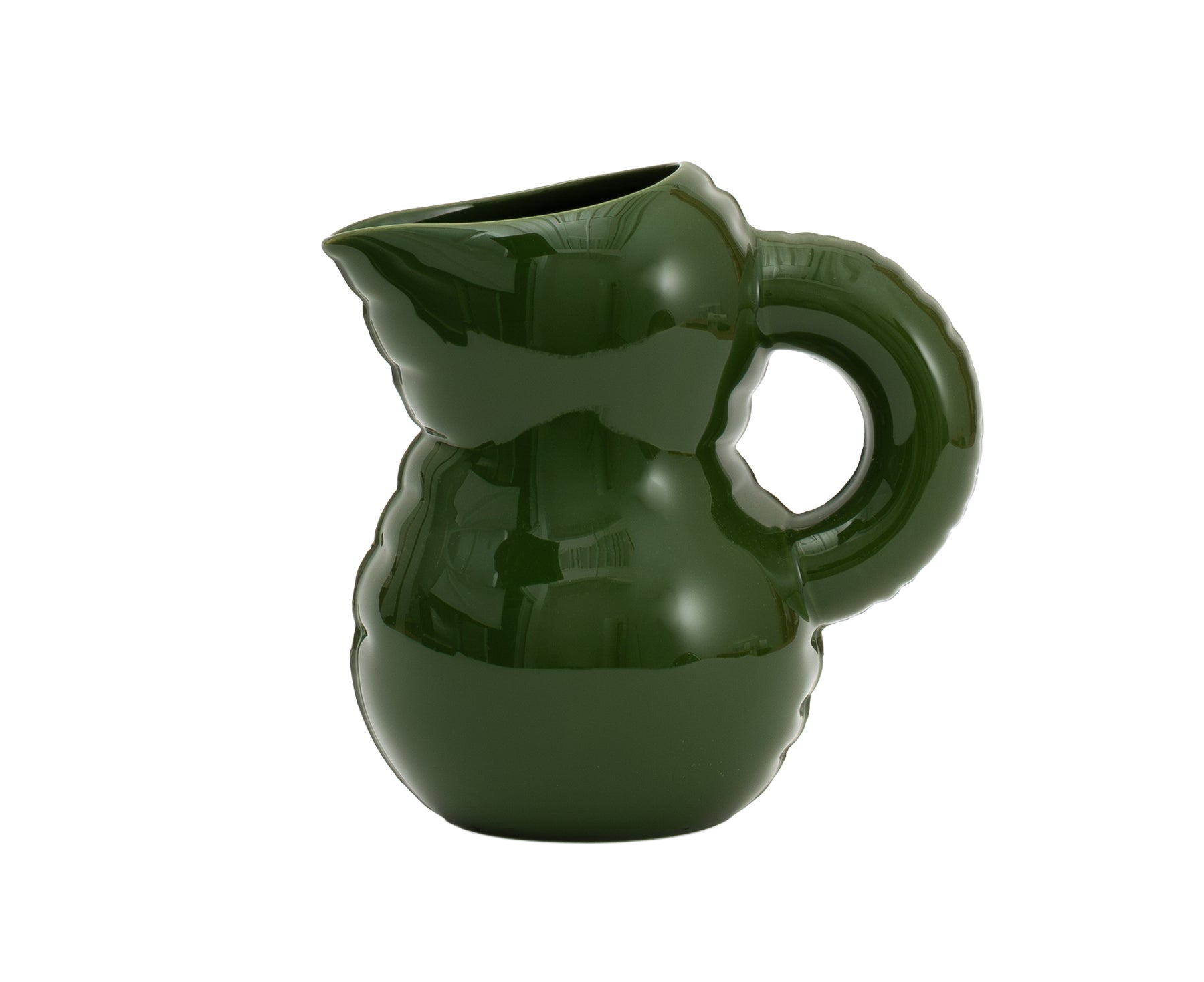 Emily Blow Up ceramic Jug in Moss Green by Home Studyo with a rounded body, ribbed texture, and a curved handle.