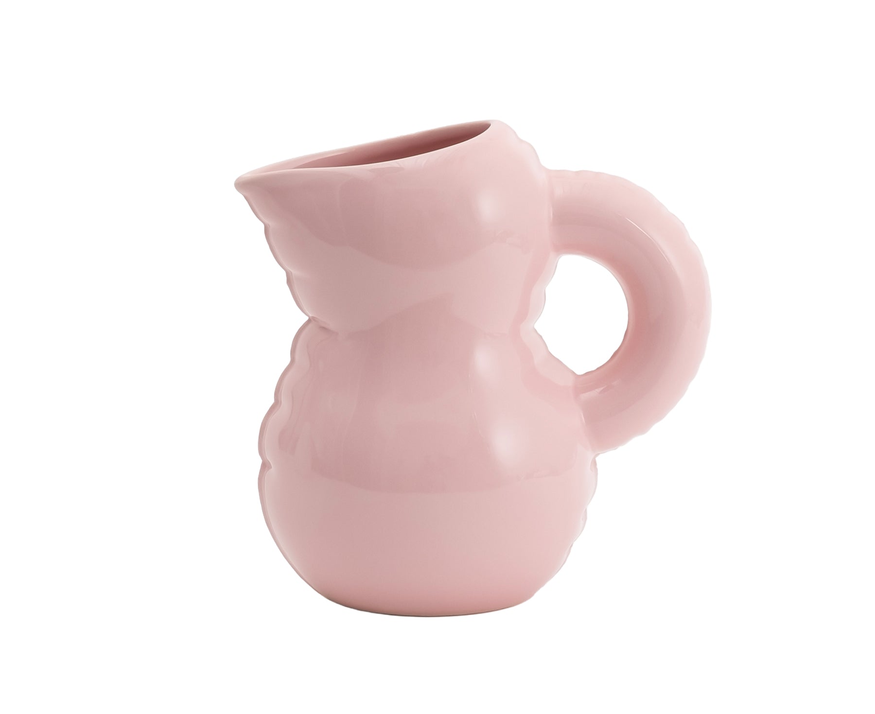 Emily Blow Up ceramic Jug in Bubblegum pink by Home Studyo with a rounded body, ribbed texture, and a curved handle.