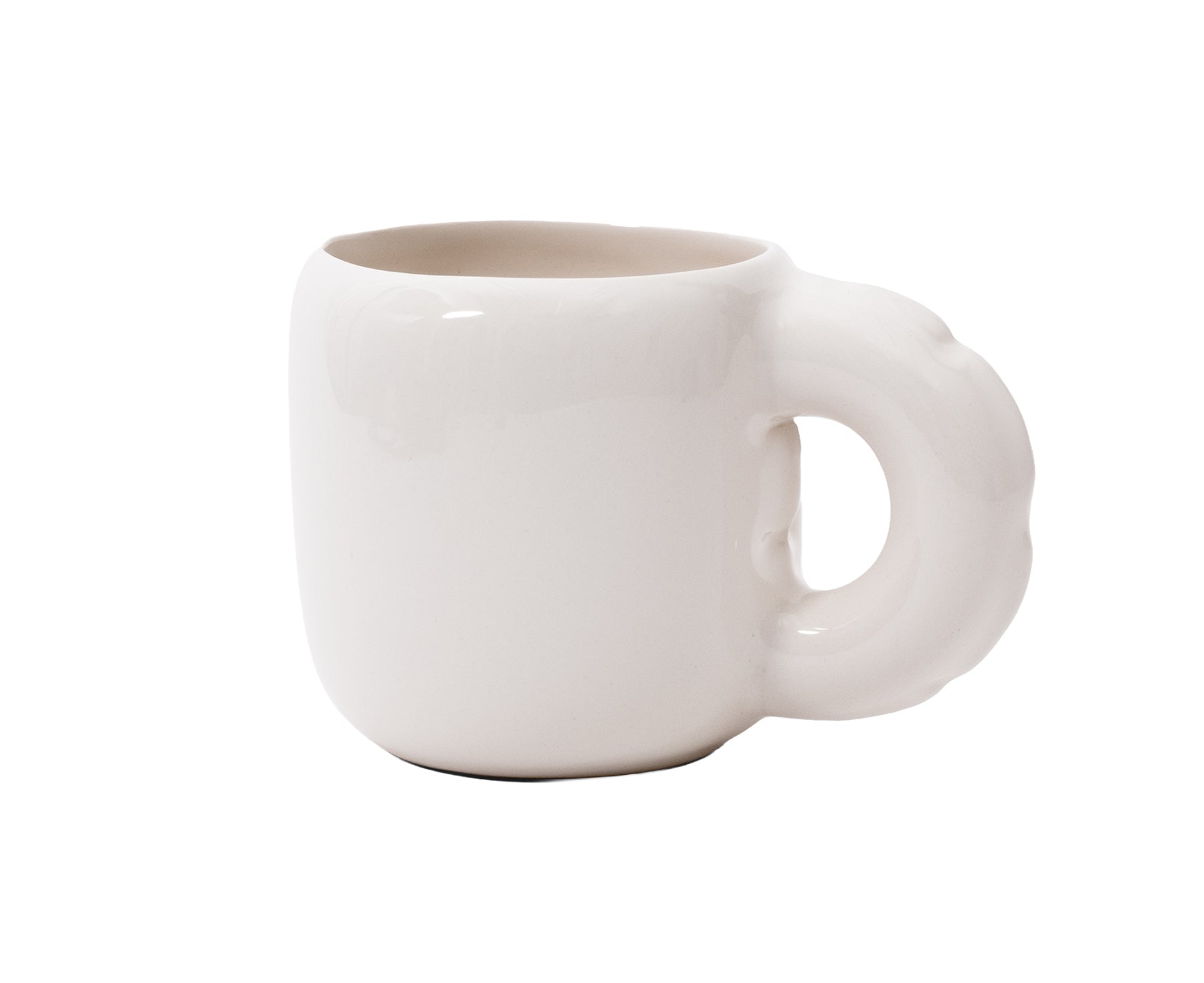 A glossy white ceramic Gaston Blow Up Mug by Home Studyo with a sculpted, organic handle and side details.