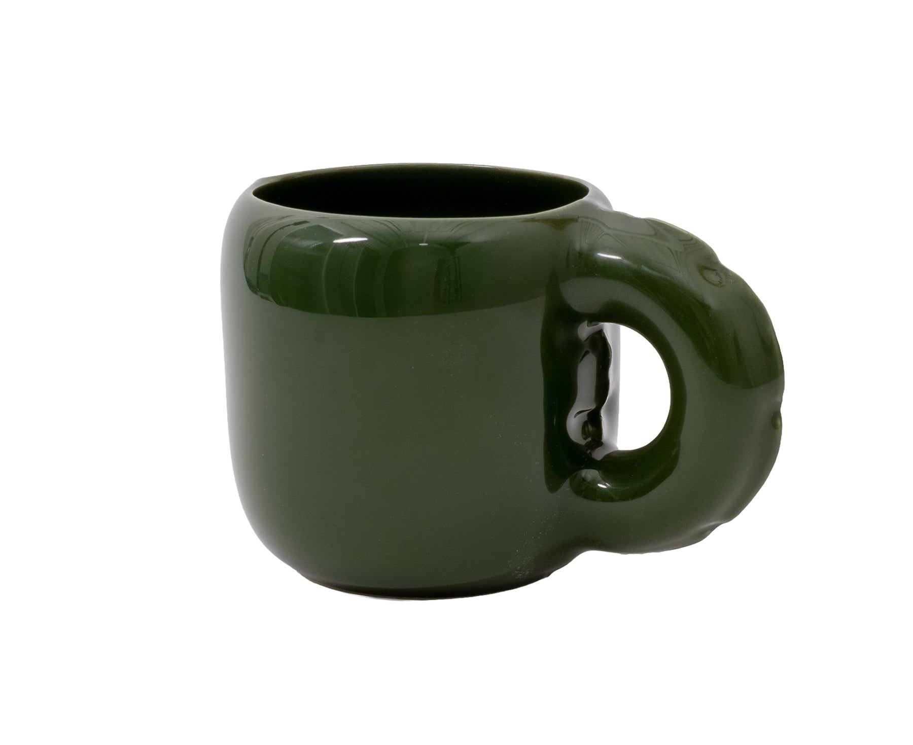 A glossy dark green ceramic Gaston Blow Up Mug by Home Studyo with a sculpted, organic handle and side details.