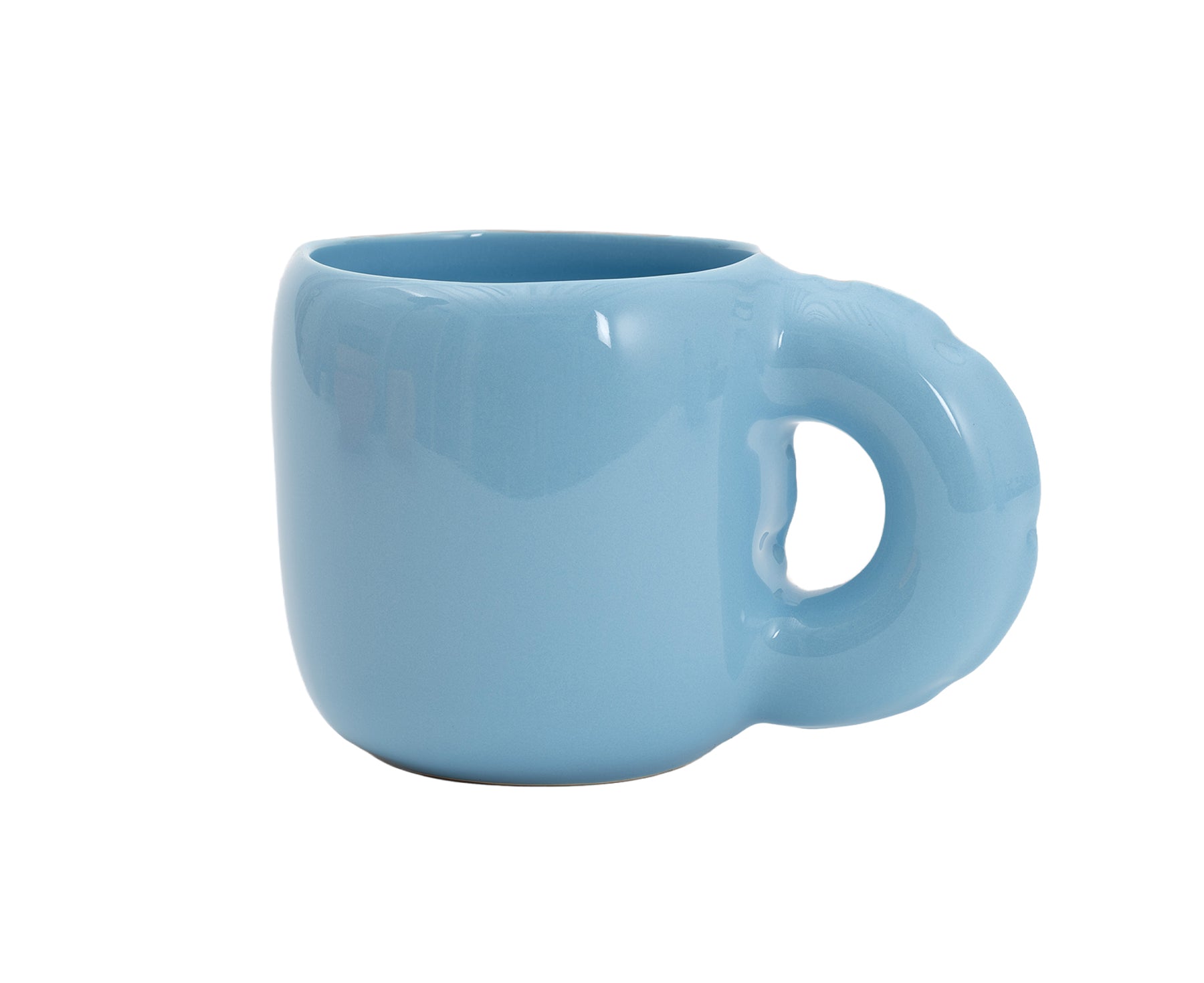 A glossy sky blue ceramic Gaston Blow Up Mug by Home Studyo with a sculpted, organic handle and side details.