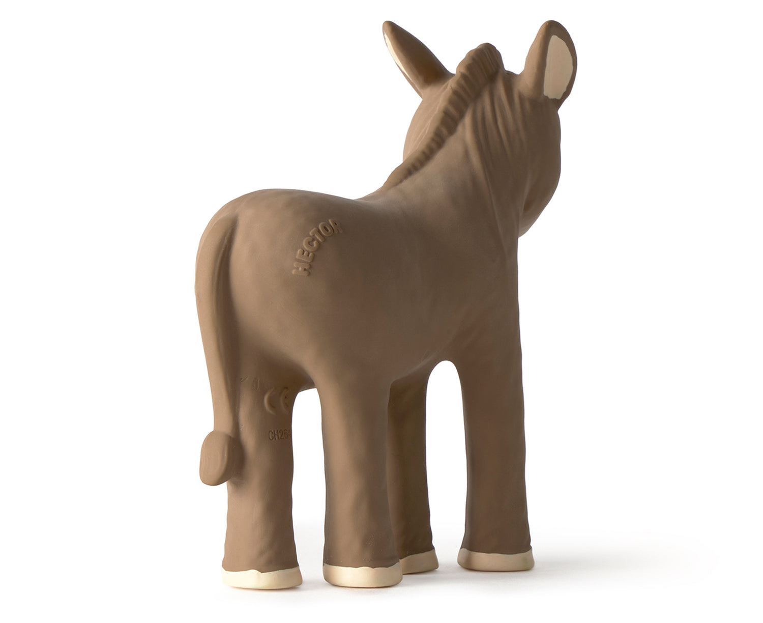 A brown rubber baby teething toy shaped like a donkey on a white background.