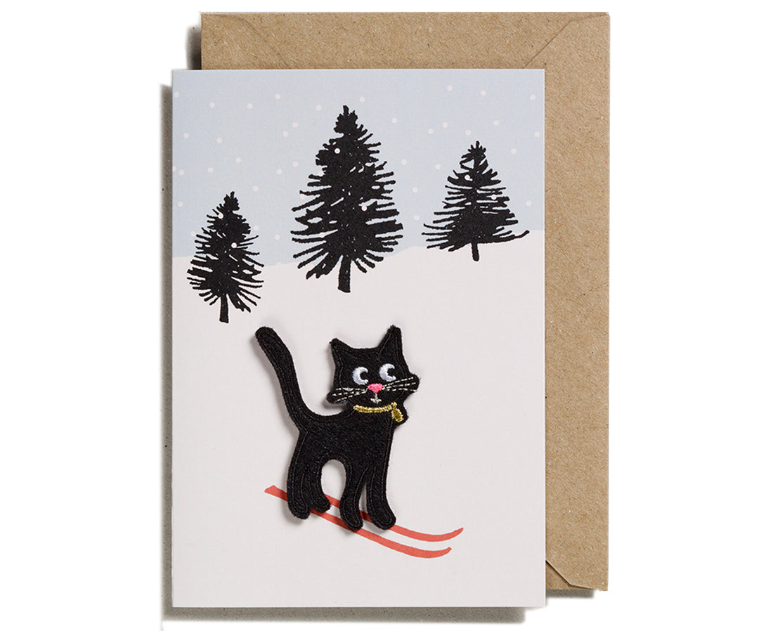 Greeting Card - Cat on Skis Patch - by Petra Boase