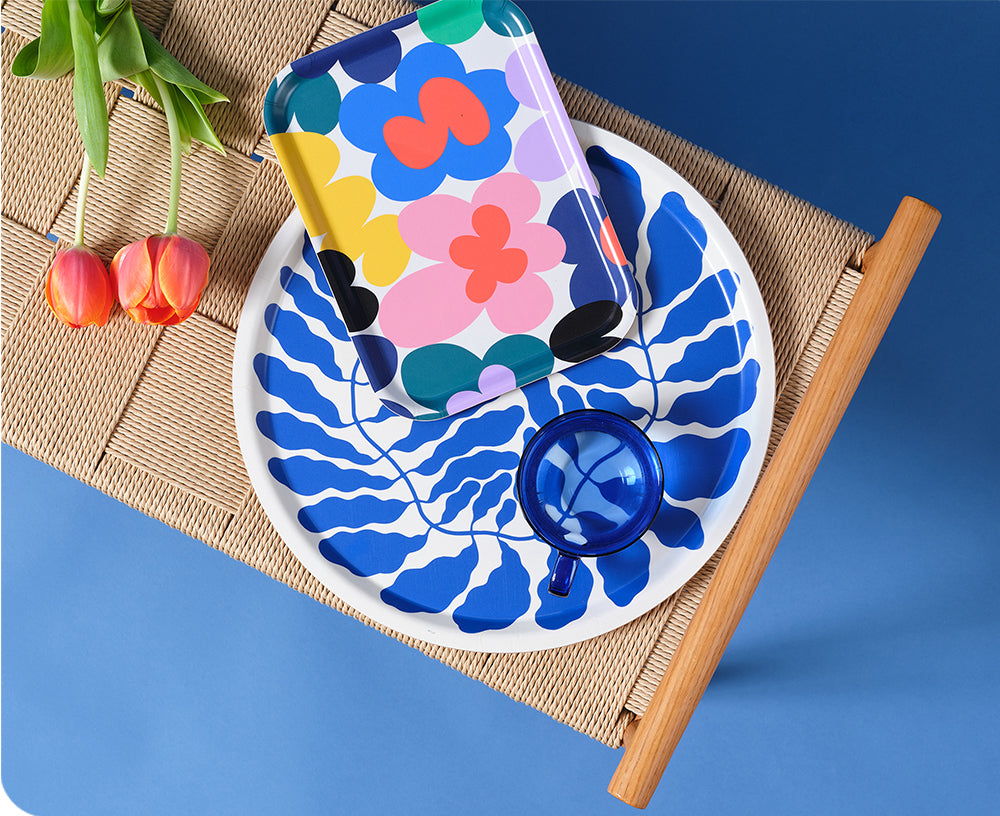 Leaves Round Tray in Blue by Wrap