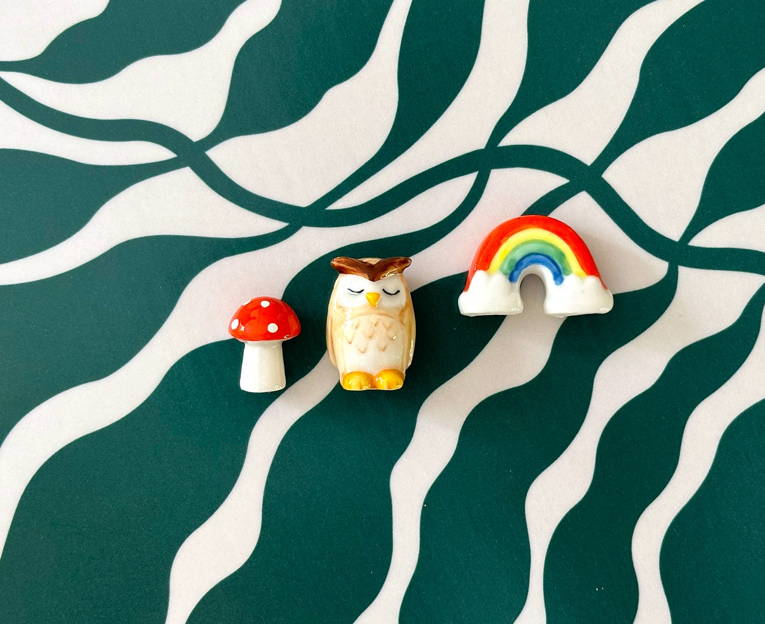 Tiny Ceramic Matchbox Token - Mushroom Owl Rainbow - by Lisa Angel