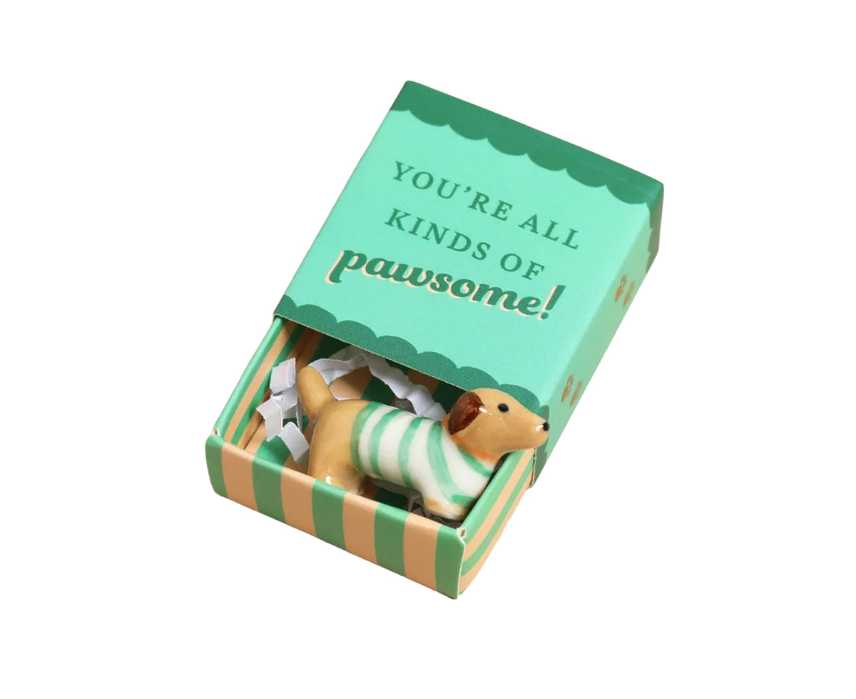 Tiny Ceramic Matchbox Token Sausage Dog by Lisa Angel in a green box