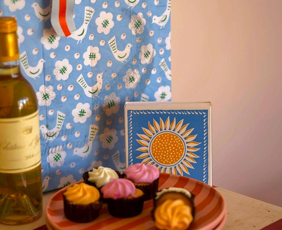 Square Matches - Sunflower - by Archivist Gallery with cupake and wine.