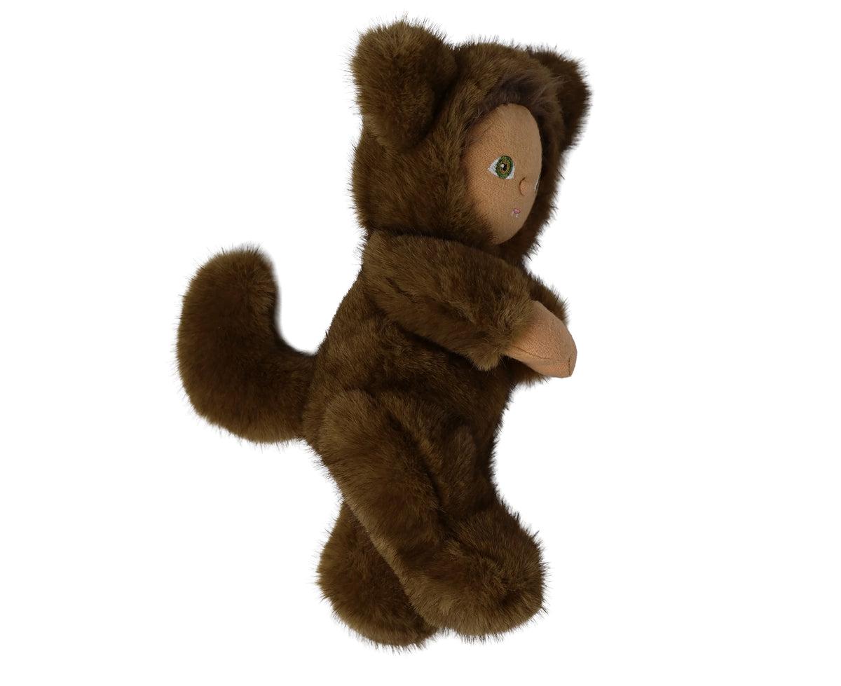 A plush werewolf cozy dinkum doll wearing a brown hooded outfit with floppy ears shown from the side.